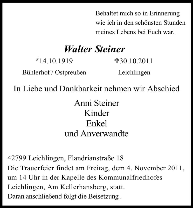  Traueranzeige für Walter Steiner vom 03.11.2011 aus Kölner Stadt-Anzeiger / Kölnische Rundschau / Express