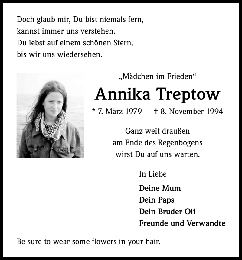  Traueranzeige für Annika Treptow vom 08.11.2011 aus Kölner Stadt-Anzeiger / Kölnische Rundschau / Express