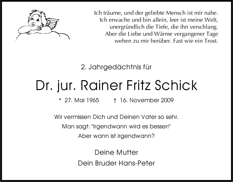  Traueranzeige für Rainer Fritz Schick vom 16.11.2011 aus Kölner Stadt-Anzeiger / Kölnische Rundschau / Express