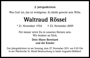 Anzeige von Waltraud Rössel von Kölner Stadt-Anzeiger / Kölnische Rundschau / Express