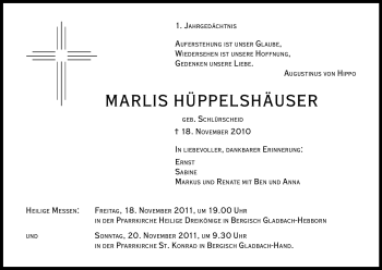 Anzeige von Marlis Hüppelshäuser von Kölner Stadt-Anzeiger / Kölnische Rundschau / Express