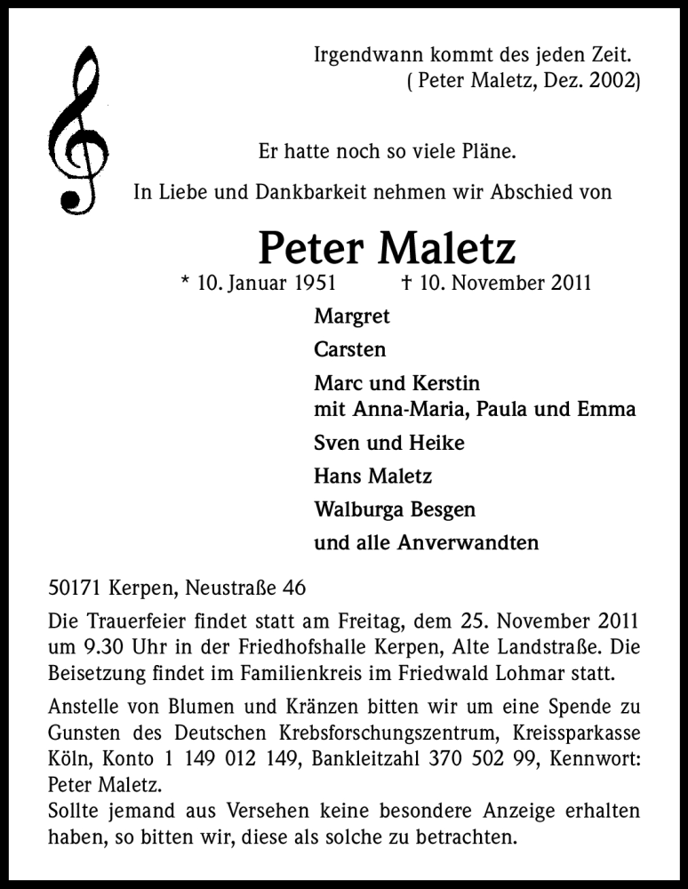  Traueranzeige für Peter Maletz vom 22.11.2011 aus Kölner Stadt-Anzeiger / Kölnische Rundschau / Express
