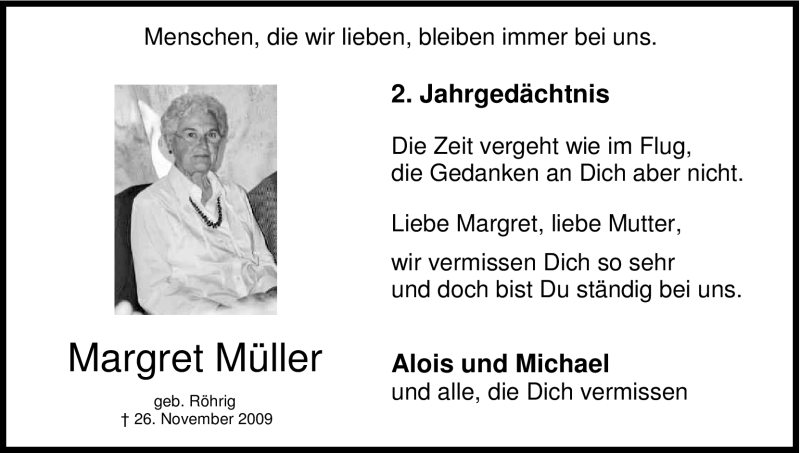  Traueranzeige für Margret Müller vom 26.11.2011 aus Kölner Stadt-Anzeiger / Kölnische Rundschau / Express