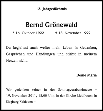 Anzeige von Bernd Grönewald von Kölner Stadt-Anzeiger / Kölnische Rundschau / Express