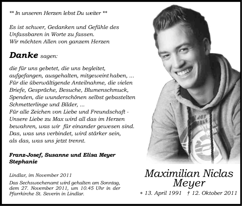  Traueranzeige für Maximilian Niclas Meyer vom 19.11.2011 aus Kölner Stadt-Anzeiger / Kölnische Rundschau / Express