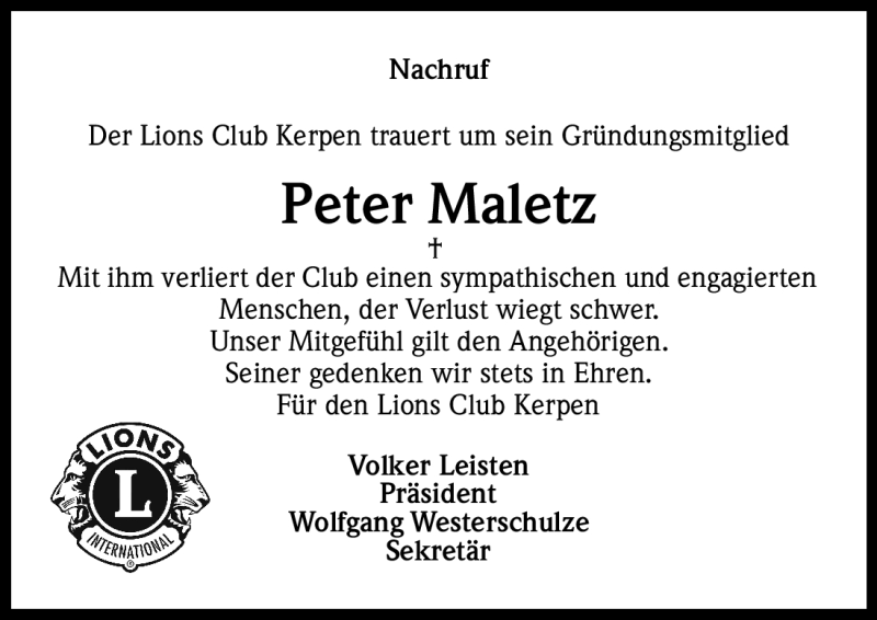  Traueranzeige für Peter Maletz vom 26.11.2011 aus Kölner Stadt-Anzeiger / Kölnische Rundschau / Express