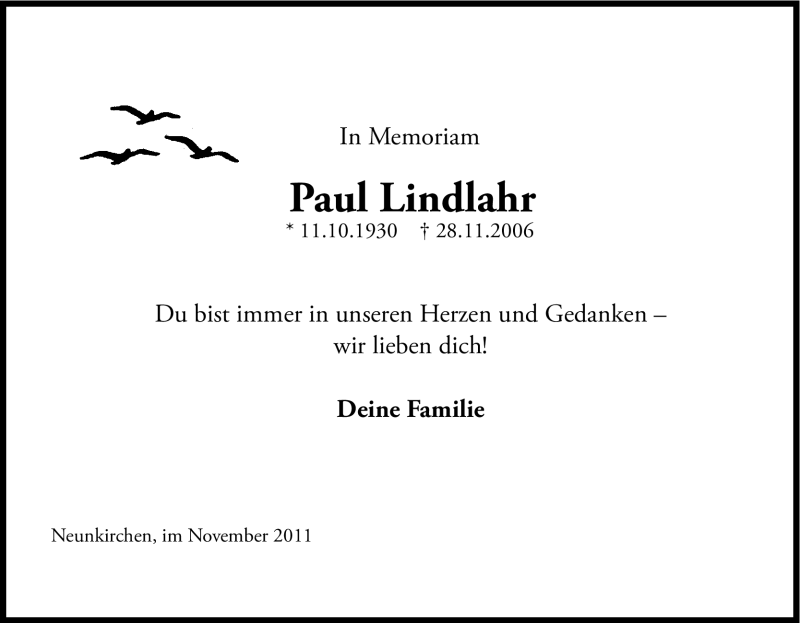  Traueranzeige für Paul Lindlahr vom 28.11.2011 aus Kölner Stadt-Anzeiger / Kölnische Rundschau / Express