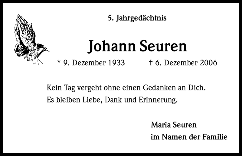  Traueranzeige für Johann Seuren vom 06.12.2011 aus Kölner Stadt-Anzeiger / Kölnische Rundschau / Express