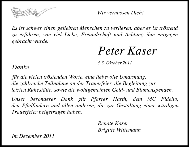  Traueranzeige für Peter Kaser vom 03.12.2011 aus Kölner Stadt-Anzeiger / Kölnische Rundschau / Express