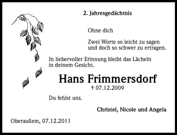 Anzeige von Hans Frimmersdorf von Kölner Stadt-Anzeiger / Kölnische Rundschau / Express