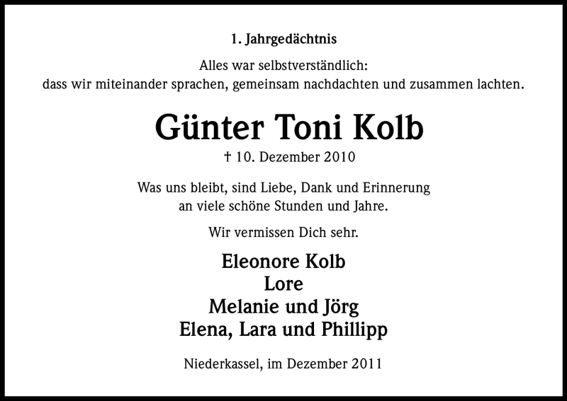  Traueranzeige für Günter Toni Kolb vom 10.12.2011 aus Kölner Stadt-Anzeiger / Kölnische Rundschau / Express