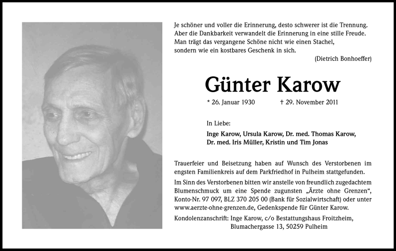  Traueranzeige für Günter Karow vom 10.12.2011 aus Kölner Stadt-Anzeiger / Kölnische Rundschau / Express