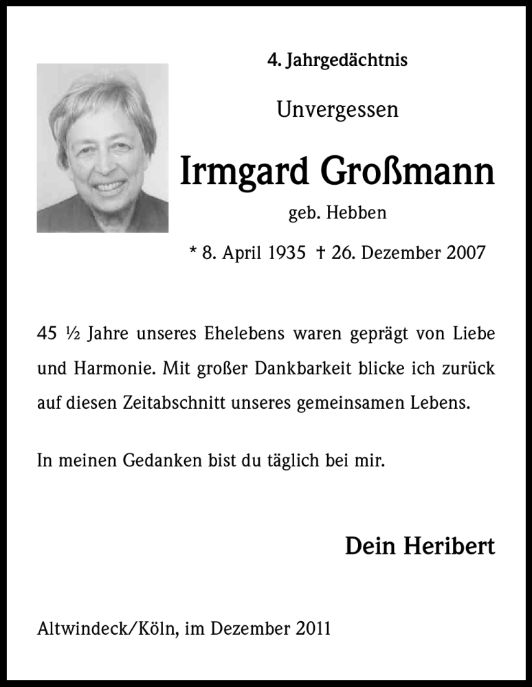  Traueranzeige für Irmgard Großmann vom 24.12.2011 aus Kölner Stadt-Anzeiger / Kölnische Rundschau / Express