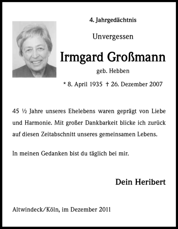 Anzeige von Irmgard Großmann von Kölner Stadt-Anzeiger / Kölnische Rundschau / Express