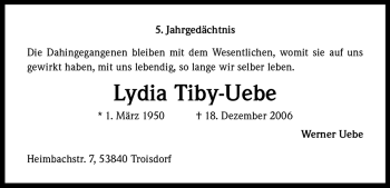 Anzeige von Lydia Tiby-Uebe von Kölner Stadt-Anzeiger / Kölnische Rundschau / Express