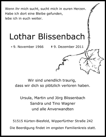 Anzeige von Lothar Blissenbach von Kölner Stadt-Anzeiger / Kölnische Rundschau / Express