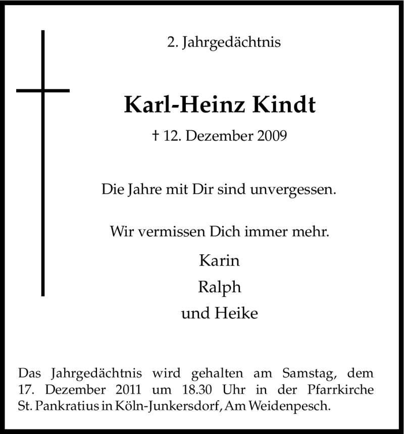  Traueranzeige für Karl-Heinz Kindt vom 14.12.2011 aus Kölner Stadt-Anzeiger / Kölnische Rundschau / Express