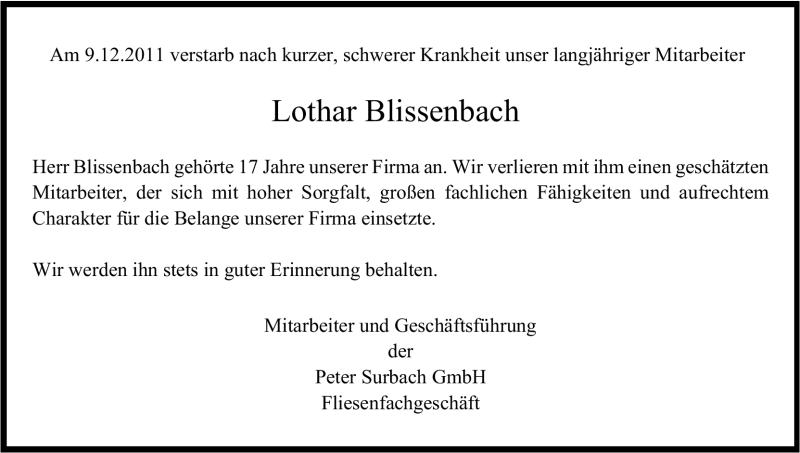  Traueranzeige für Lothar Blissenbach vom 15.12.2011 aus Kölner Stadt-Anzeiger / Kölnische Rundschau / Express