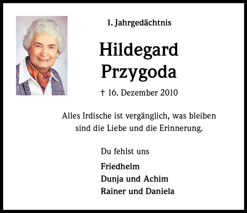  Traueranzeige für Hildegard Przygoda vom 17.12.2011 aus Kölner Stadt-Anzeiger / Kölnische Rundschau / Express