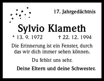 Anzeige von Sylvio Klameth von Kölner Stadt-Anzeiger / Kölnische Rundschau / Express