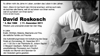 Anzeige von David Roskosch von Kölner Stadt-Anzeiger / Kölnische Rundschau / Express
