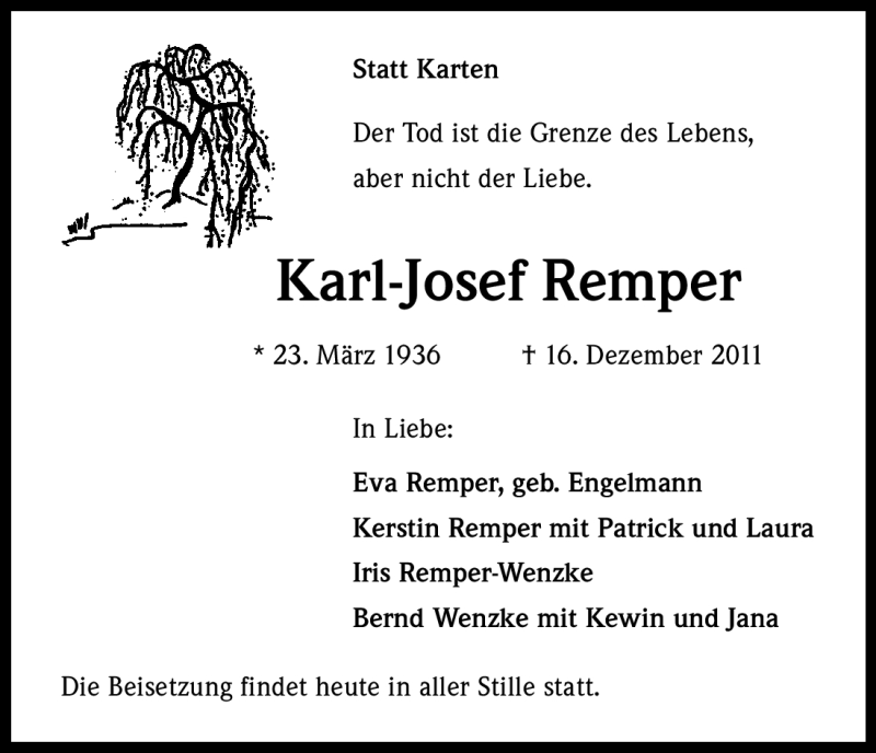  Traueranzeige für Karl-Josef Remper vom 22.12.2011 aus Kölner Stadt-Anzeiger / Kölnische Rundschau / Express