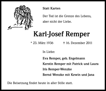Anzeige von Karl-Josef Remper von Kölner Stadt-Anzeiger / Kölnische Rundschau / Express