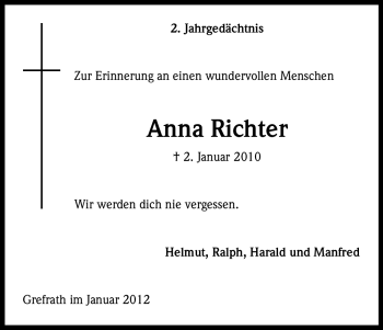 Anzeige von Anna Richter von Kölner Stadt-Anzeiger / Kölnische Rundschau / Express