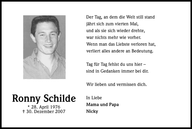  Traueranzeige für Ronny Schilde vom 30.12.2011 aus Kölner Stadt-Anzeiger / Kölnische Rundschau / Express