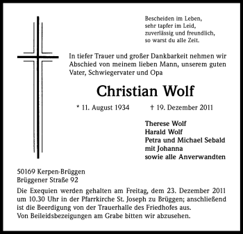 Anzeige von Christian Wolf von Kölner Stadt-Anzeiger / Kölnische Rundschau / Express