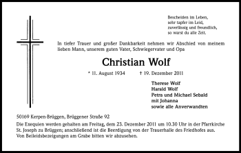 Anzeige von Christian Wolf von Kölner Stadt-Anzeiger / Kölnische Rundschau / Express