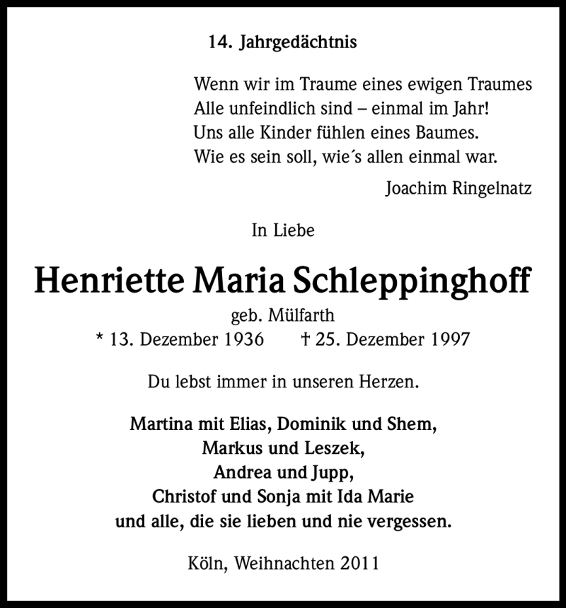  Traueranzeige für Henriette Maria Schleppinghoff vom 24.12.2011 aus Kölner Stadt-Anzeiger / Kölnische Rundschau / Express