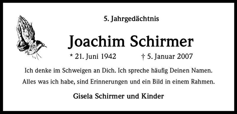  Traueranzeige für Joachim Schirmer vom 05.01.2012 aus Kölner Stadt-Anzeiger / Kölnische Rundschau / Express