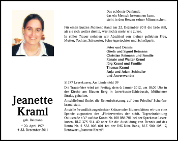 Anzeige von Jeanette Kraml von Kölner Stadt-Anzeiger / Kölnische Rundschau / Express