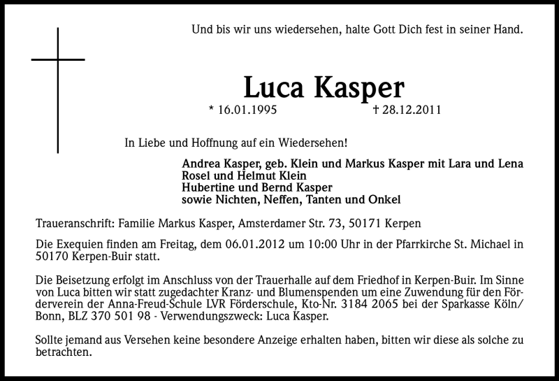  Traueranzeige für Luca Kasper vom 03.01.2012 aus Kölner Stadt-Anzeiger / Kölnische Rundschau / Express