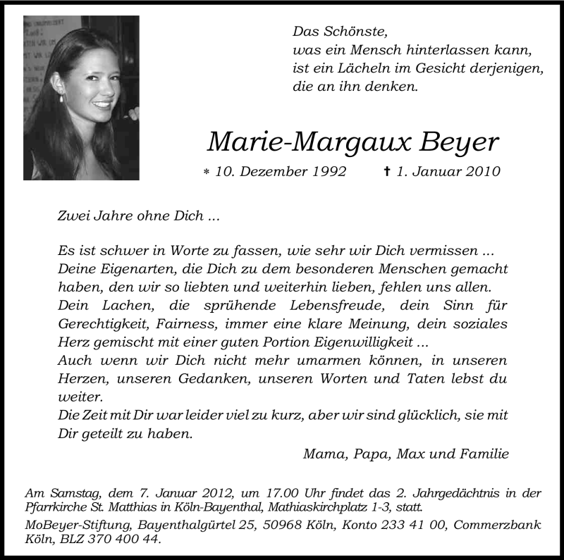  Traueranzeige für Marie-Margaux Beyer vom 04.01.2012 aus Kölner Stadt-Anzeiger / Kölnische Rundschau / Express