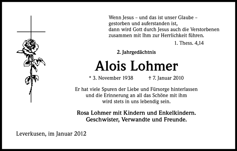 Traueranzeige für Alois Lohmer vom 07.01.2012 aus Kölner Stadt-Anzeiger / Kölnische Rundschau / Express