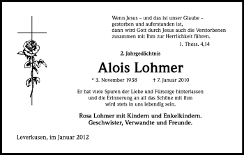 Anzeige von Alois Lohmer von Kölner Stadt-Anzeiger / Kölnische Rundschau / Express