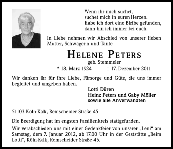 Anzeige von Helene Peters von Kölner Stadt-Anzeiger / Kölnische Rundschau / Express