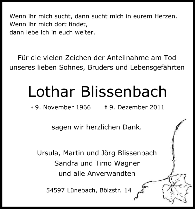  Traueranzeige für Lothar Blissenbach vom 06.01.2012 aus Kölner Stadt-Anzeiger / Kölnische Rundschau / Express