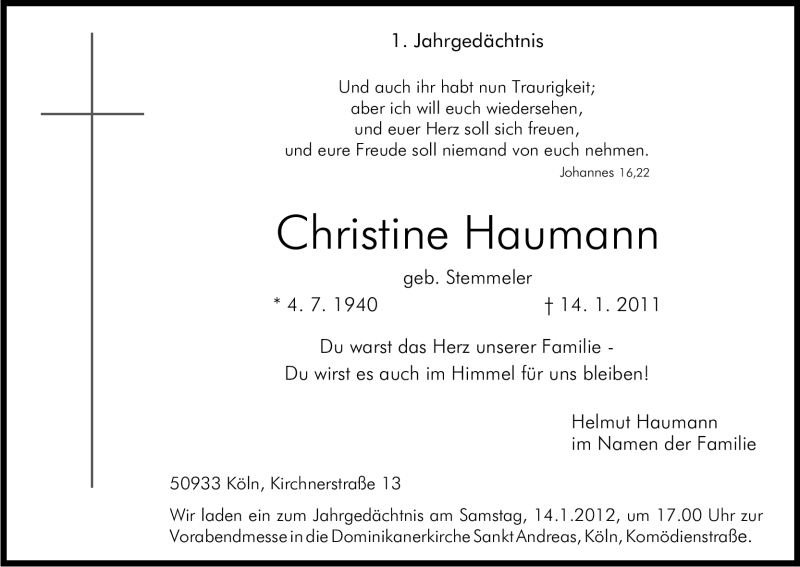  Traueranzeige für Christine Haumann vom 07.01.2012 aus Kölner Stadt-Anzeiger / Kölnische Rundschau / Express