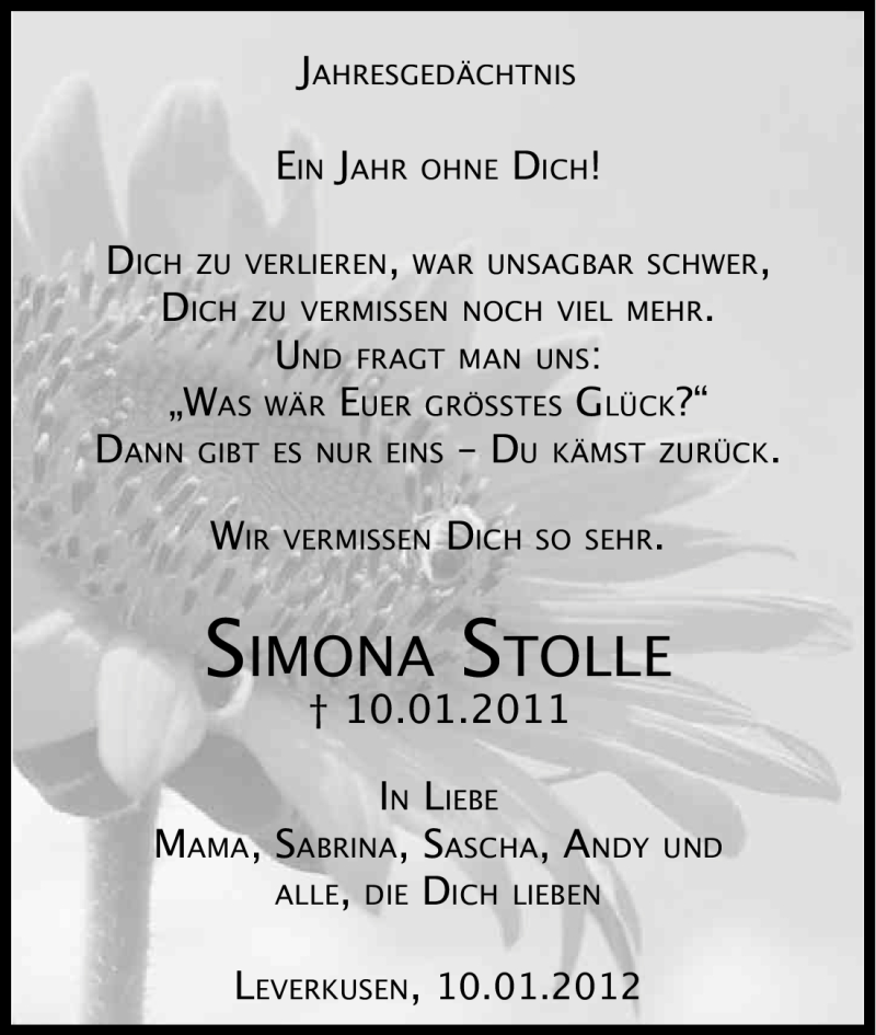  Traueranzeige für Simona Stolle vom 10.01.2012 aus Kölner Stadt-Anzeiger / Kölnische Rundschau / Express