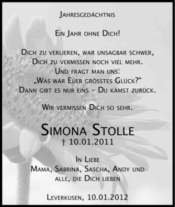 Anzeige von Simona Stolle von Kölner Stadt-Anzeiger / Kölnische Rundschau / Express