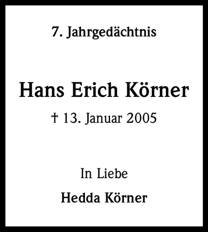  Traueranzeige für Hans Erich Körner vom 13.01.2012 aus Kölner Stadt-Anzeiger / Kölnische Rundschau / Express