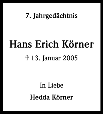 Anzeige von Hans Erich Körner von Kölner Stadt-Anzeiger / Kölnische Rundschau / Express