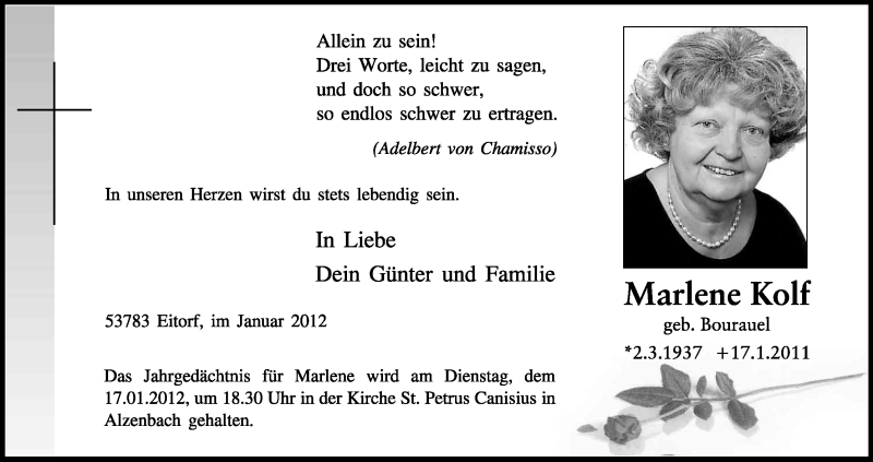  Traueranzeige für Marlene Kolf vom 13.01.2012 aus Kölner Stadt-Anzeiger / Kölnische Rundschau / Express