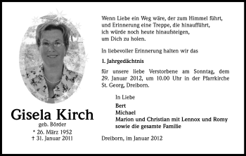 Anzeige von Gisela Kirch von Kölner Stadt-Anzeiger / Kölnische Rundschau / Express