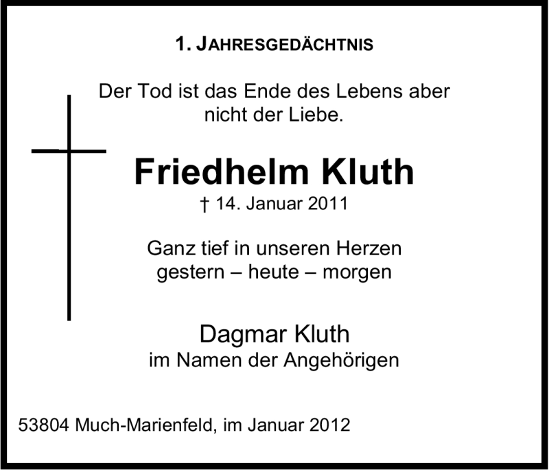  Traueranzeige für Friedhelm Kluth vom 14.01.2012 aus Kölner Stadt-Anzeiger / Kölnische Rundschau / Express