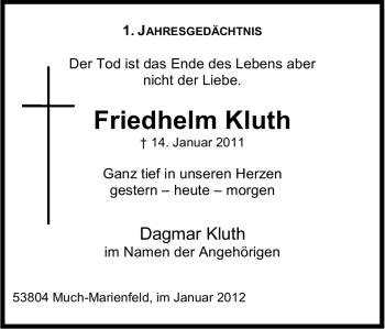 Anzeige von Friedhelm Kluth von Kölner Stadt-Anzeiger / Kölnische Rundschau / Express
