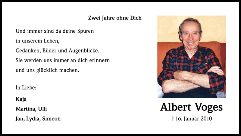  Traueranzeige für Albert Voges vom 14.01.2012 aus Kölner Stadt-Anzeiger / Kölnische Rundschau / Express